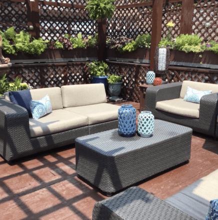 Outdoor patio with furniture and decor